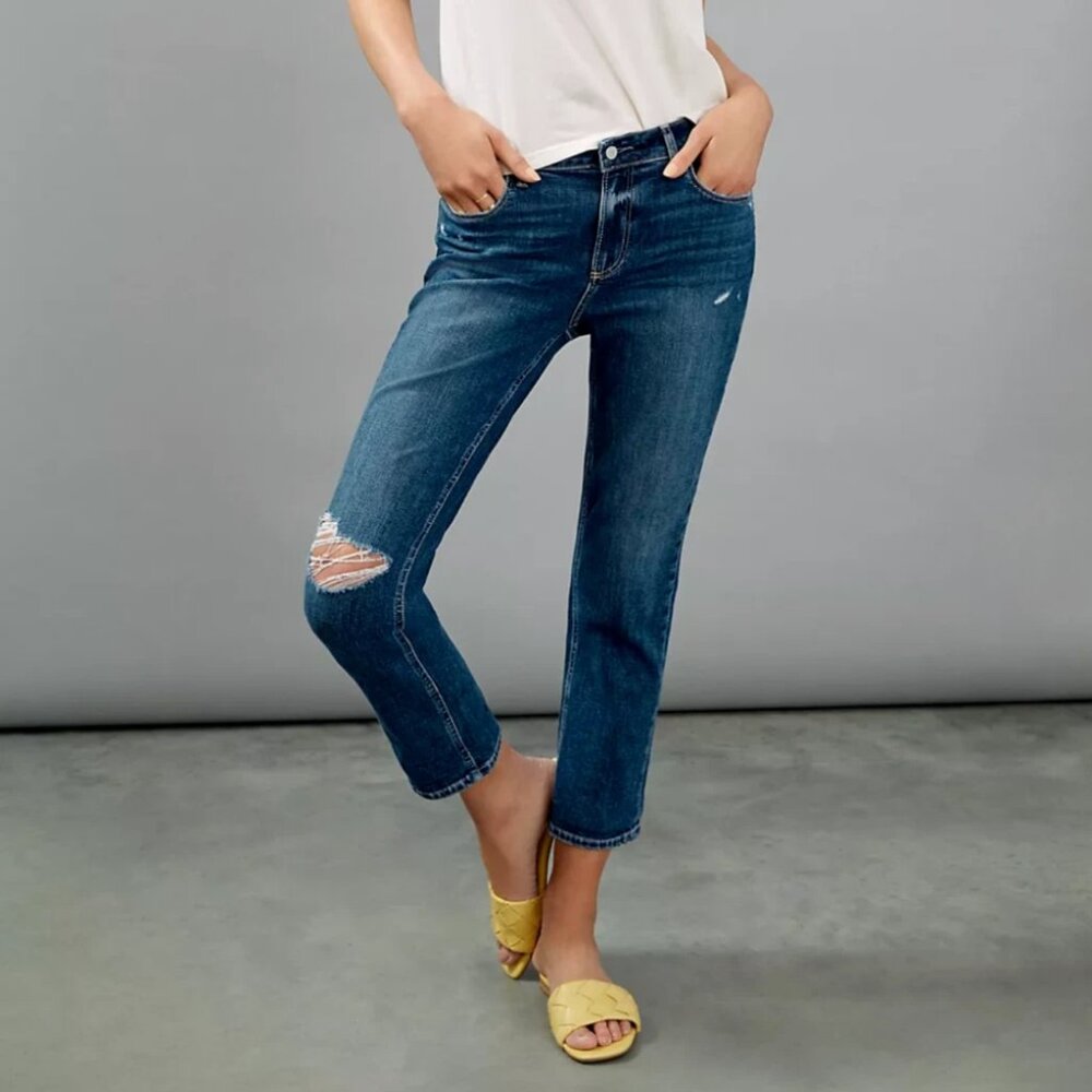 PAIGE Brigitte Dark Blue Distressed Boyfriend Jeans